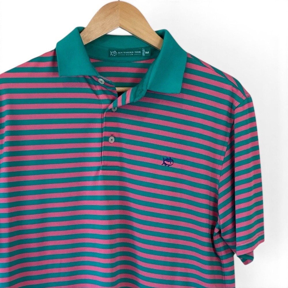 Southern Tide Polo Men Shirt‎ Medium Striped Pink Green Stretch Active Golf